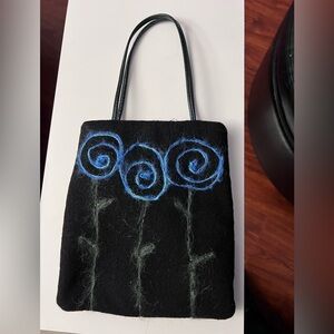 Robin de Viek Wool Felted Mini Bag with Hand-Painted Blue Floral Design